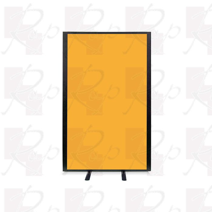 Free standing acoustic office screen from the Morton+ range, using yellow fabric and a black aluminium frame with matching stabilising feet. 