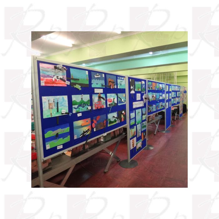 Freestanding Classroom Display Boards with electric blue loop nylon fabric.