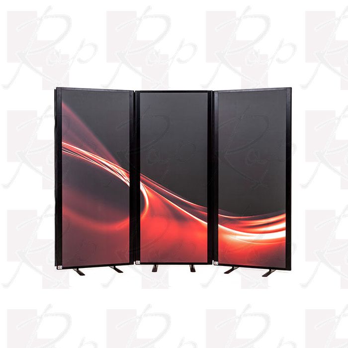 Printed free standing office screens with black frame and double sided print. 