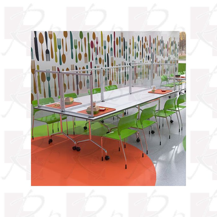 Shield desktop dividers with clear acrylic used to divide a canteen lunch table