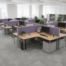 Morton acoustic desk dividers with silver frame and purple fabric which is connected to the back of a desk screen. 