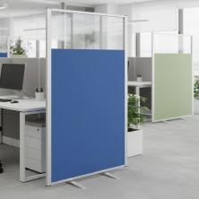 Free standing vision top office screen with blue fabric. 