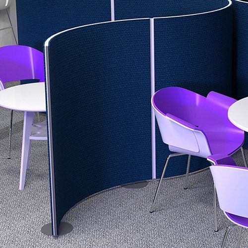1.5m high acoustic curved panels with navy blue fabric and grey edging and linking facility