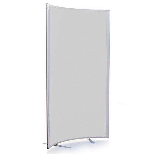Morton curved 1.5m free standing office screen with silver fabric and light grey frame.