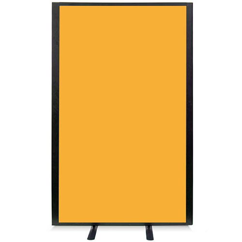 Free standing acoustic office screen from the Morton+ range, using yellow fabric and a black aluminium frame with matching stabilising feet. 