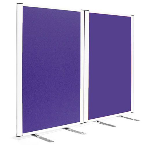 Medical safeguard screens with purple anti-bacterial fabric and white frame work.