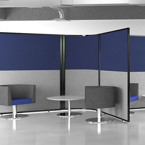2 part acoustic screen partition from the Concept range, featuring grey and blue fabrics and black frame. 