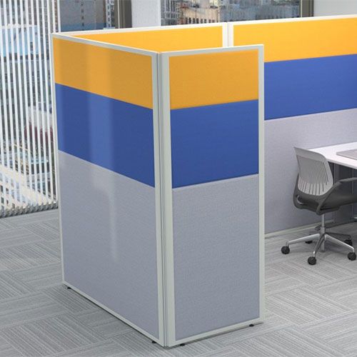 3 panel acoustic screen partitions with yellow, blue and grey fabric. Complete with white frame and used in a cubicle formation. 