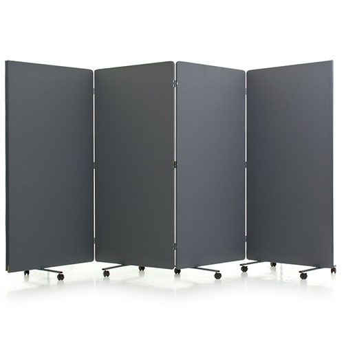 1200mm high foldable room dividers in a grey fabric and including lockable castor wheels.