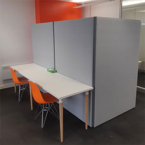 Budget acoustic office panels with grey PVC edging and light grey fabric.
