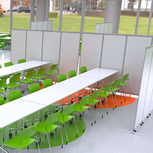 Mobi easy clean mobile screens, with a white gloss laminate finish used in a school canteen.