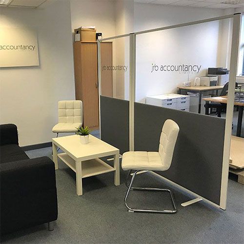 1800mm high Morton Half Vision Free standing office screen with grey fabric, cleanr acrylic and white aluminium frame. 