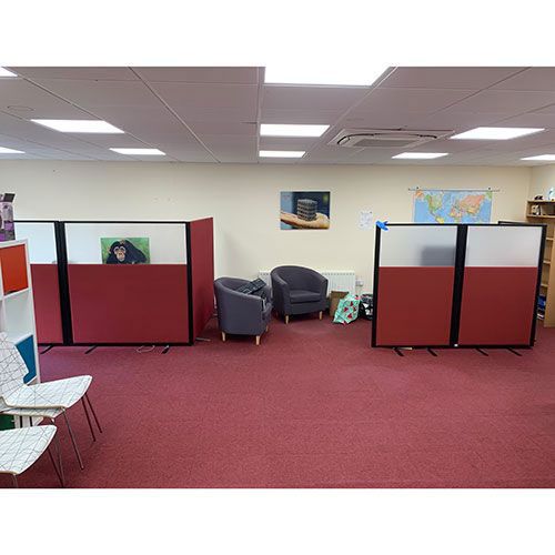 Morton Vision Top Free Standing Screens with black frames, acoustic base and clear perspex top panel