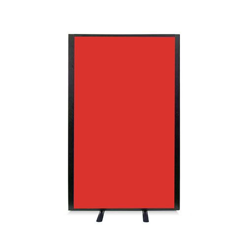 Morton acoustic free standing screen with black frame and red fabric. 