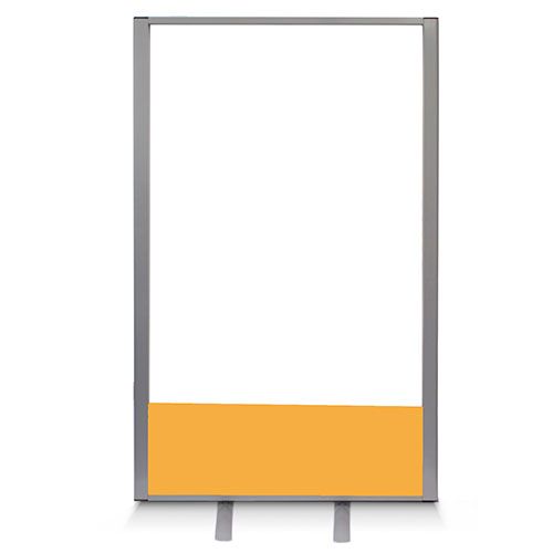 Free standing full vision office screen with clear acrylic, yellow fabric base and silver powder coated aluminium frame.