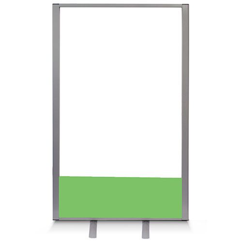 Free standing office screen with clear acrylic top and acoustic base section. Includes silver frame and green fabric.