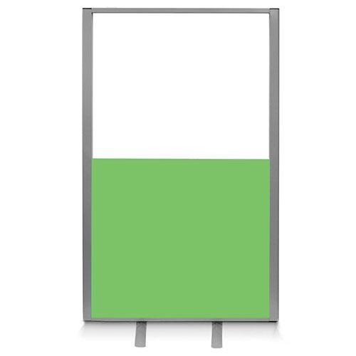 1.8m high free standing half glazed office screens with clear acrylic, green fabric base and silver aluminium frame. 