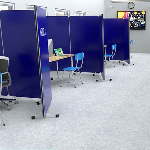 Printed foldable room dividers with lockable castors, used in a school 
