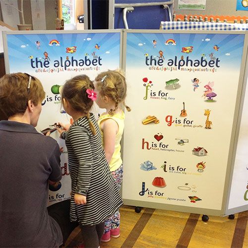 1200mm high printed mobile screens, complete with custom designs and artwork. Pre designed artwork templates are available. 