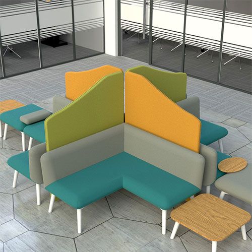 Delta Wave Top Acoustic Partitions in a cross shape, creating individual seating areas. 