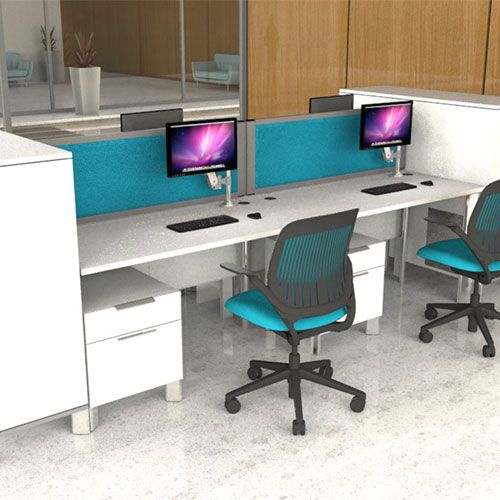 Morton+ acoustic desktop dividers, finished with blue fabric and silver frame.