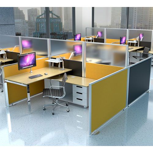 Acrylic and acoustic office screens used to create 4 custom office desk pods. 