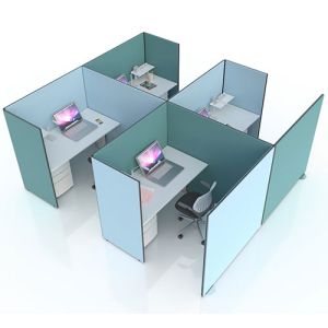 Budget acoustic office screens in blue fabrics, combined to create 4 individual work spaces. 