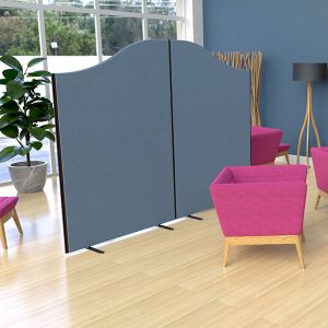 Budget Acoustic Office Screens with a wavetop stylish finish, using acoustic foam and upholstered with blue fabric 
