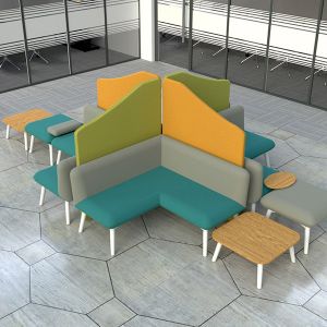 Wavetop acoustic office dividers created in a cross shape for separating seating areas 