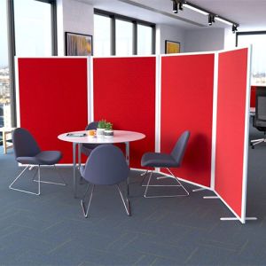 Morton acoustic office screens with red fabric and white frame