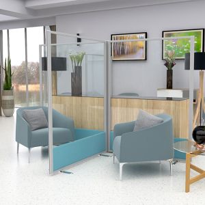 Fully Glazed Screens ideal for partitioning between seating, with acrylic top panel and acoustic base