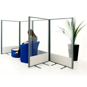 Morton frosted acrylic and laminate base office screens used for break seating areas