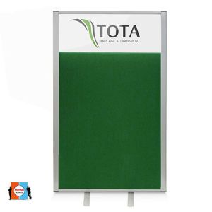 Morton Vision Top office screens with frosted acrylic top panel and green fabric base.