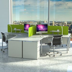 Omega acoustic desktop divider with green fabric, secures to desk with easyfix desk clamps. 