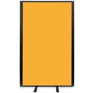Free standing acoustic office screen from the Morton+ range, using yellow fabric and a black aluminium frame with matching stabilising feet. 