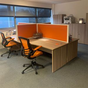 Anti-bacterial medical desk dividers upholstered in treated fabric and finished with white frame. 