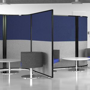 Two tone office screen from the Concept acoustic screen partition range, with black frame and stability feet 