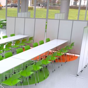 Mobi easy clean mobile screens, with a white gloss laminate finish used in a school canteen.