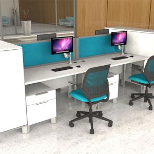 Morton+ acoustic desktop dividers, finished with blue fabric and silver frame.