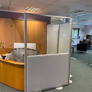 The Morton half glazed free standing screens with clear acrylic and acoustic base section