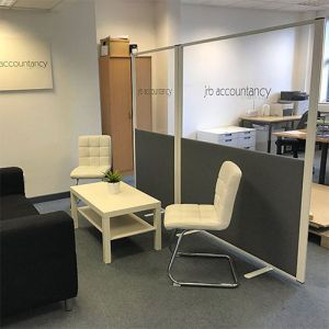1800mm high Morton Half Vision Free standing office screen with grey fabric, cleanr acrylic and white aluminium frame. 