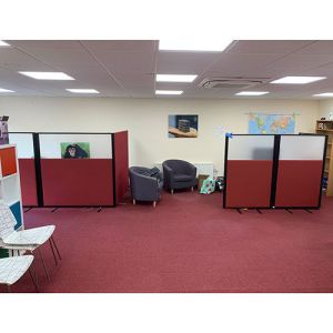 Morton Vision Top Free Standing Screens with black frames, acoustic base and clear perspex top panel