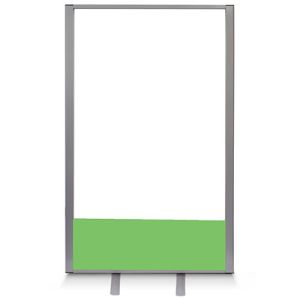 Free standing office screen with clear acrylic top and acoustic base section. Includes silver frame and green fabric.