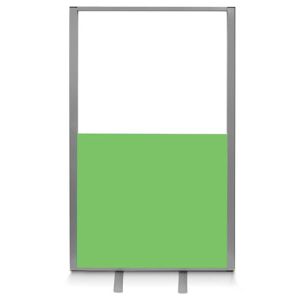 1.8m high free standing half glazed office screens with clear acrylic, green fabric base and silver aluminium frame. 