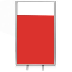 2m high vision top free standing screen, with a acoustic and acrylic finish. Includes silver frame and red fabric.