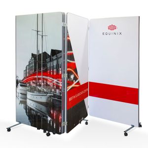 1200mm high printed flexi-screen with a concertina and portable design