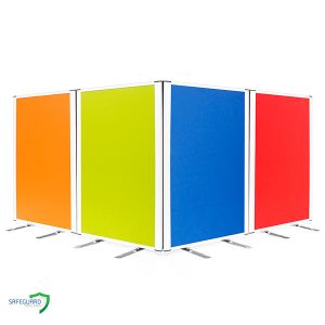 anti-bacterial safeguard office partitions, upholstered with treated fabric and white frames. Available in 3 widths, at 1800mm high. 